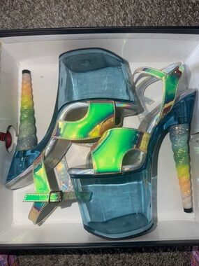 Pleaser Holographic Green Platform Sandals with Blue Lucite Sole